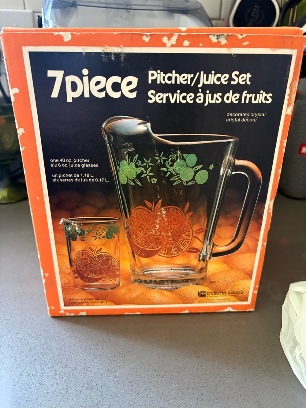 vintage Indiana Glass Company 7-piece citrus juice set pitcher & 6 glasses New
